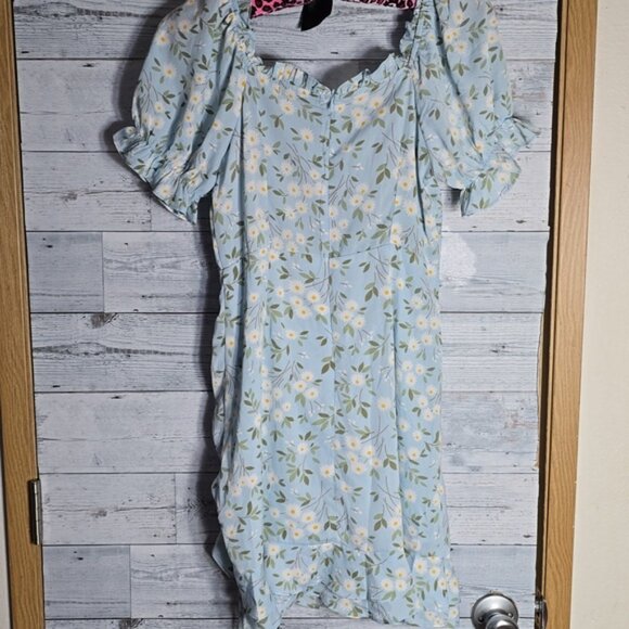 Nasty Gal Blue White Floral Daisies Short Sleeve Lined Sheer Cinch Mini Dress - Picture 2 of 9